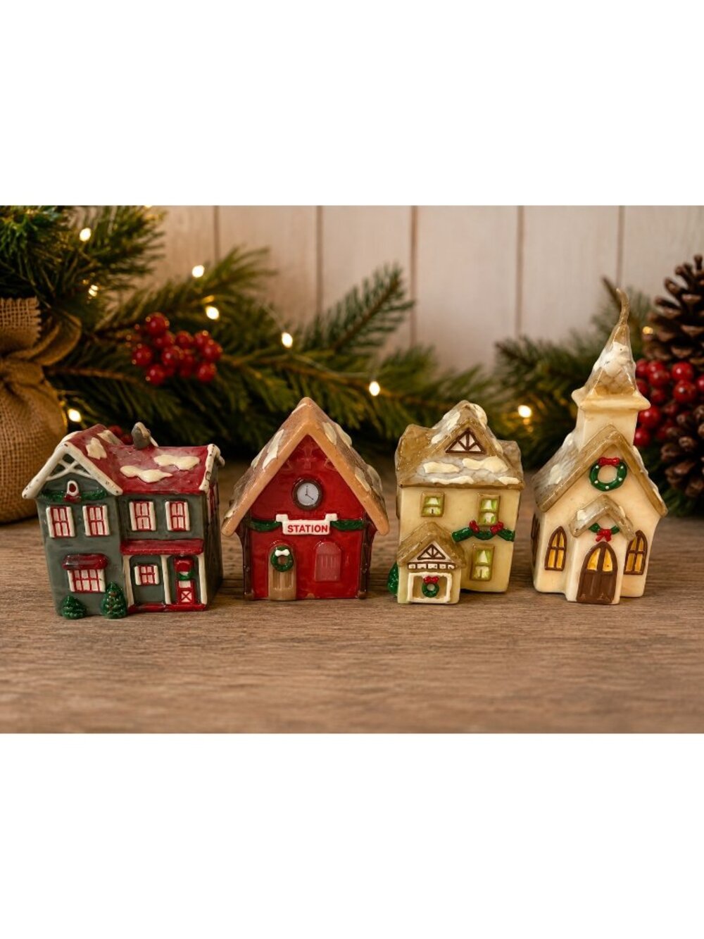 Vintage 1980s Russ Berrie Christmas Village House Candles Set of 4 Style 2294 Ma - Picture 6 of 6